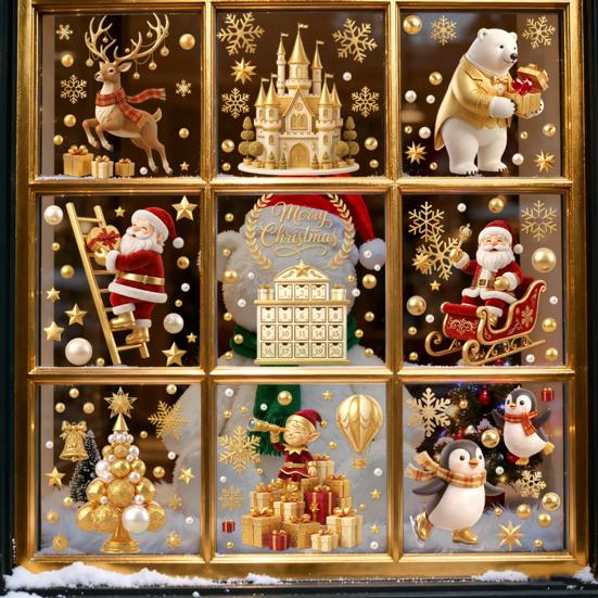 Santa Claus Window Decor 9Pcs Christmas Clings, Golden Static Stickers, Glue Free Decals with Festive Glass Stickers Elk Castle and Tree Patterns for