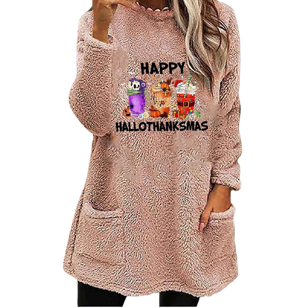 Women's 2024 European & American Christmas Print Casual Loose Long Sleeve Round Neck Pocket Hoodie