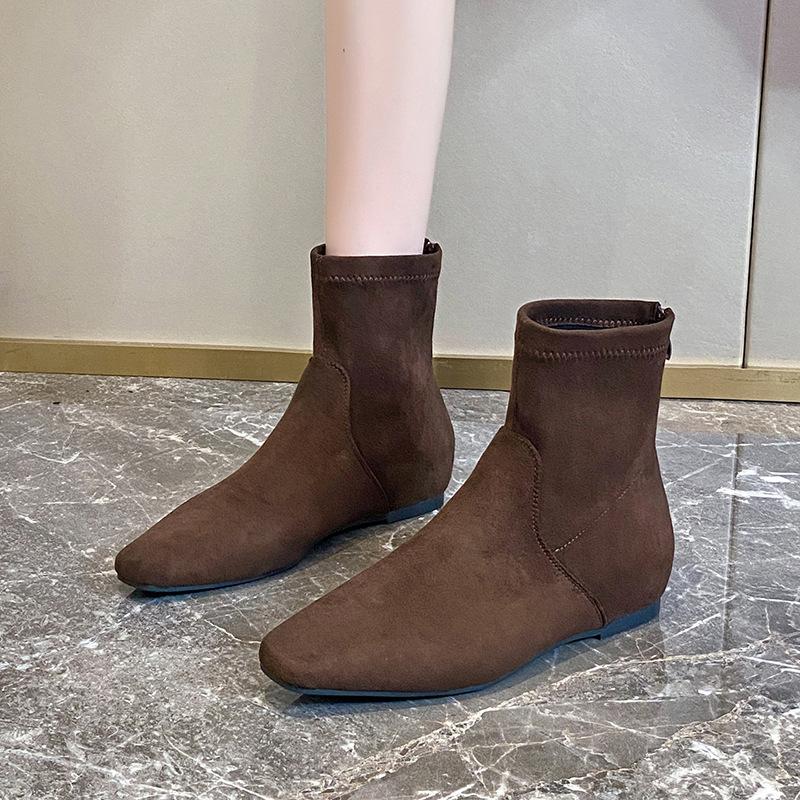 2025 Autumn and Winter New Square Head Short Boots Women's Shoes Versatile Flat Bottom Thin Boots Suede Flat Heel Martin Boots Single Boots