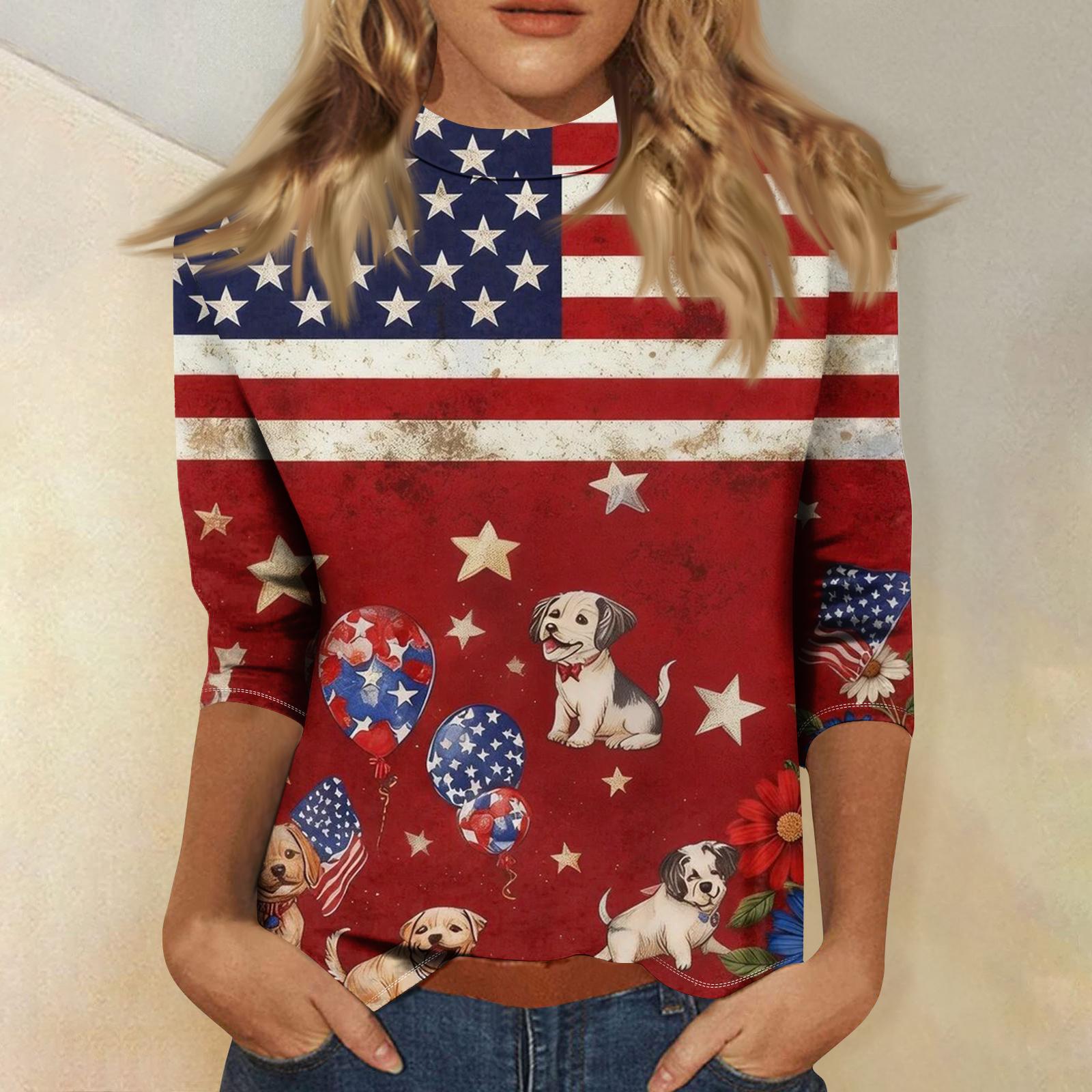 

Women s Fashionable Casual Mid-Neck 3/4 Sleeve Independence Day Print T-Shirt Top L винний