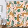 Pink Cheetah And Green Leaves Pattern Waterproof Shower Curtain 180X200Cm - Jungle Animal Print Bath Curtain For Kids Room Decor