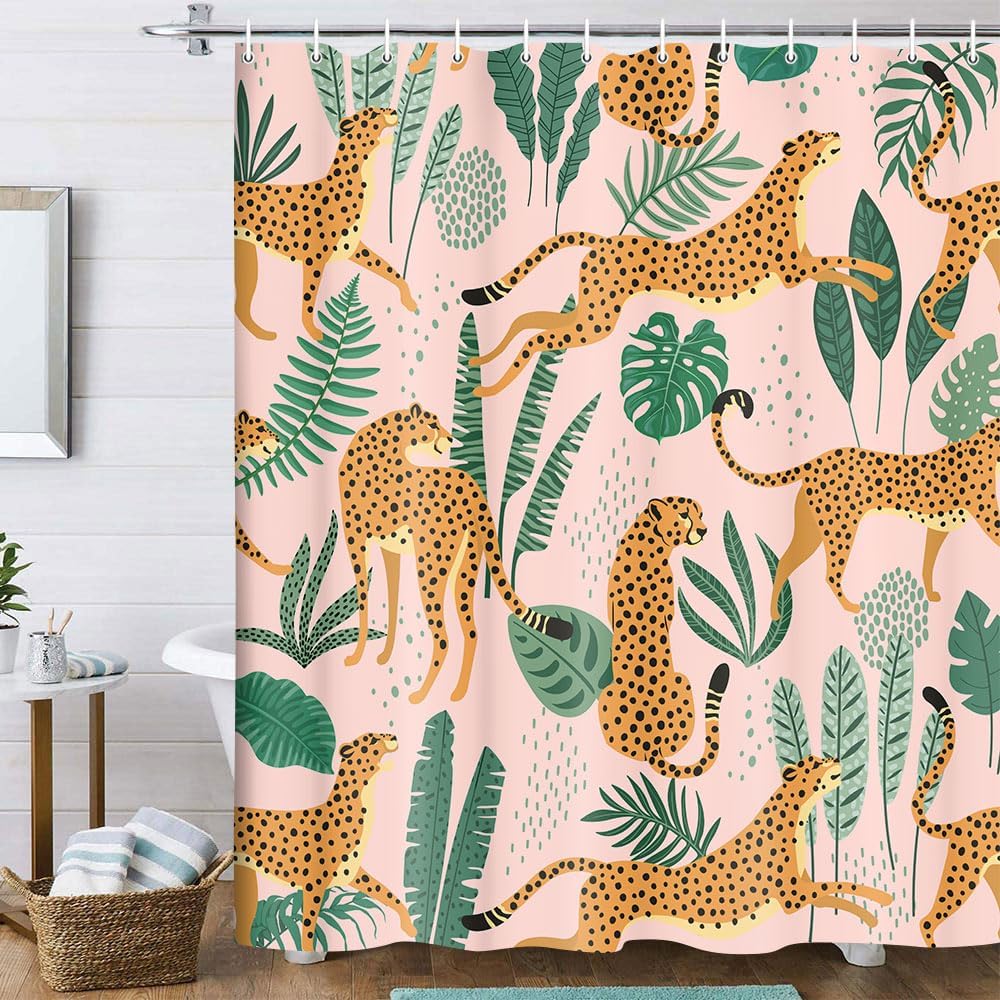 Pink Cheetah And Green Leaves Pattern Waterproof Shower Curtain 180X200Cm - Jungle Animal Print Bath Curtain For Kids Room Decor