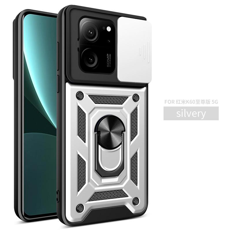 

Для Xiaomi Mi 13T Pro чехол с кольцом-держателем Броня противоударный чехол для Xiaomi 13T Mi13T слайд-объектив защитная задняя крышка For Mi 13T Pro серебряный