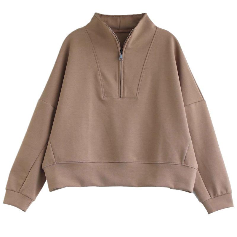 Damen Herbst/Winter Sweatshirt mit Stehkragen und halbem Reißverschluss: Modischer Pullover mit langen Ärmeln in lockerer Passform für lässige Übergrößen