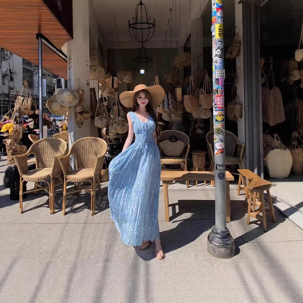 Blue French temperament sleeveless neck sling dress children niche fairy seaside vacation super good-looking long dress