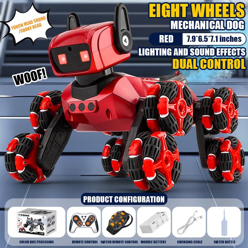New children's toy mechanical dog eight-wheel stunt spray can shake the head electric remote control car machine dog manufacturer