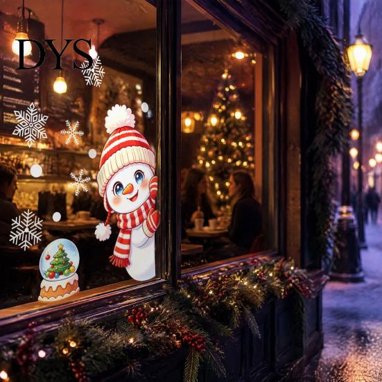 Festive Glass Door Decals Peeking Snowman Static Cling Window Decal, Christmas Sticker with Removable PVC Film Snowflakes, Reusable Holiday Decor for