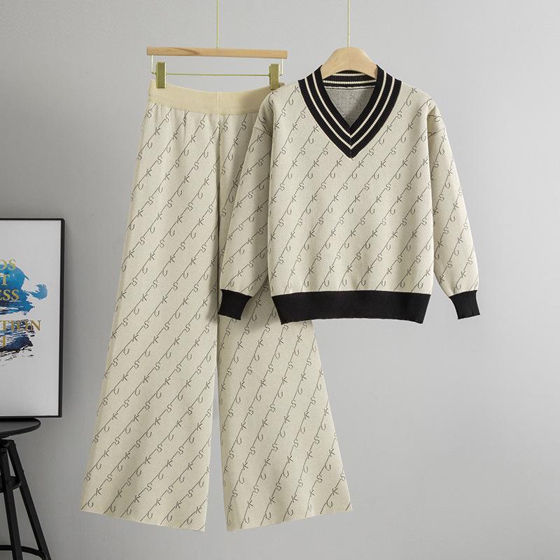 Women's Autumn/Winter Striped Knit Sweater & Wide-Leg Pants Set - Little Fragrance Style Casual Sportswear