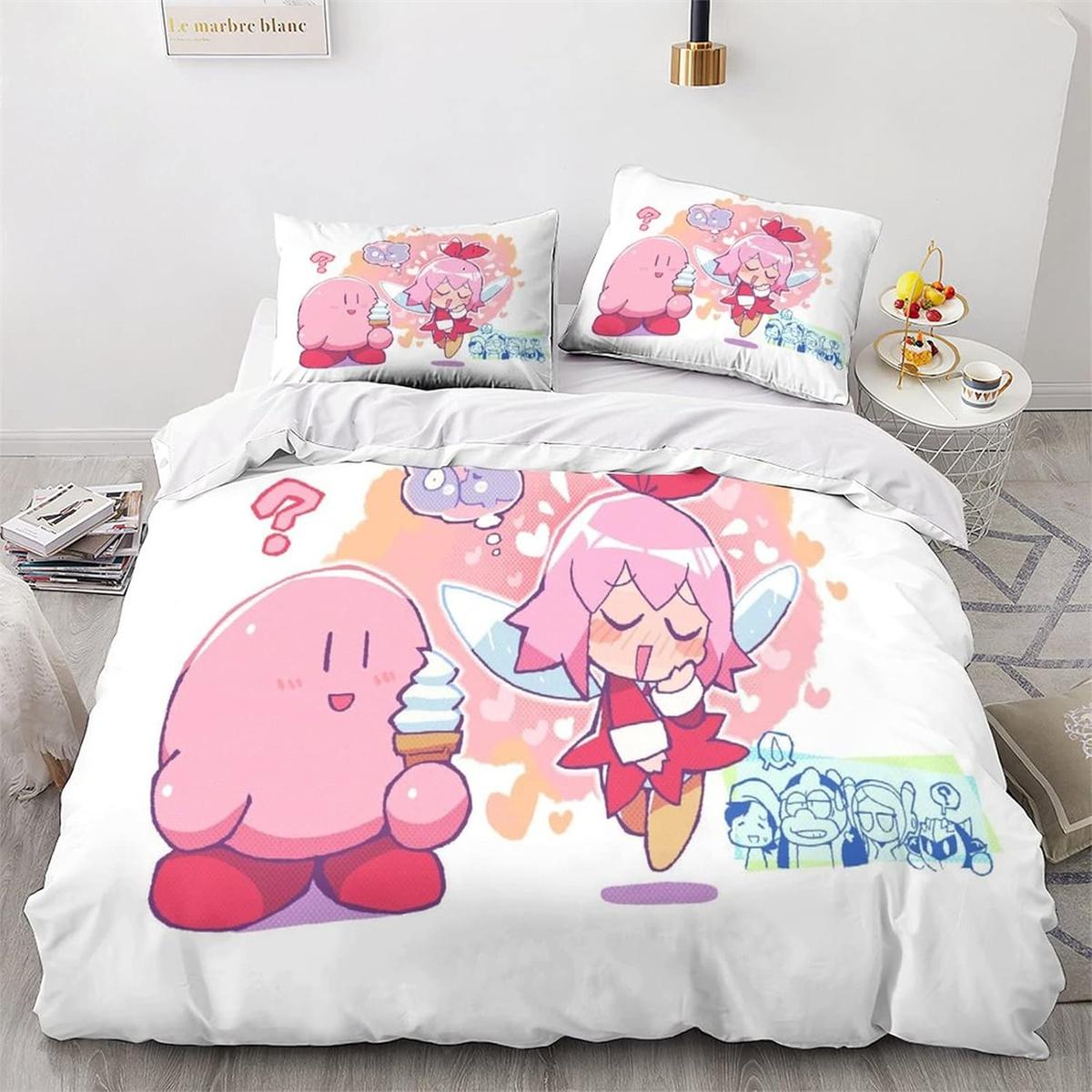 

Cartoon Kirby Print Duvet Cover Bedding,2 Piece Set Quilt Cover Matching Pillowcase with Zipper Closure Soft Microfiber Single 135*200cm