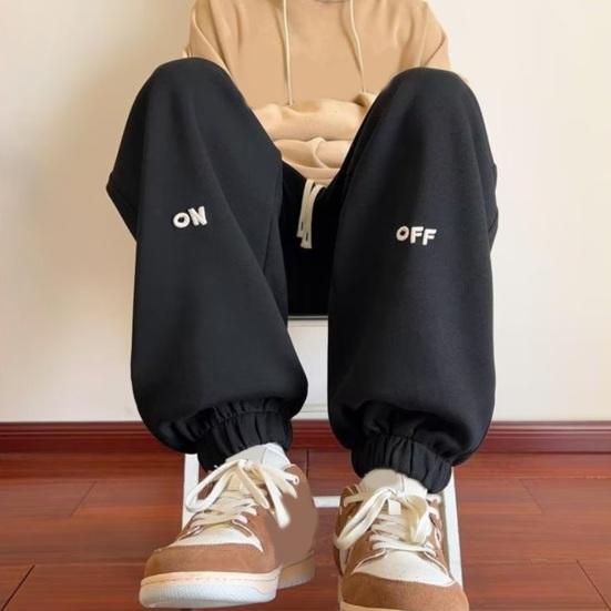 Spring Fall Men Sport Pants Loose Drawstring Elastic Waist Pockets Ankle-banded Letter Embroidery Exercise Trousers Daily Wear Sweatpants