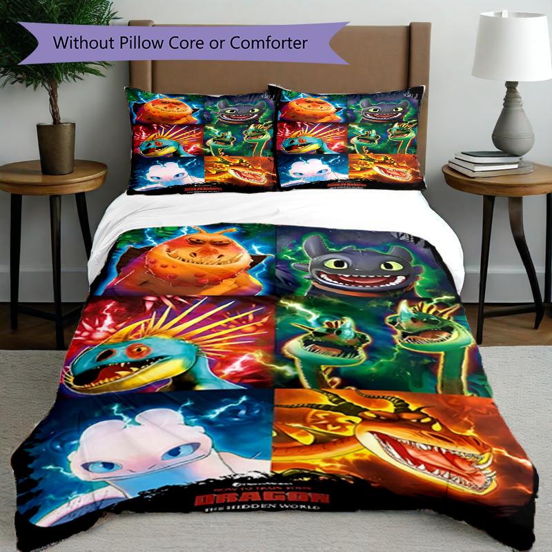 3pcs Duvet Cover Set (1*Duvet Cover + 2*Pillowcase, Without Core), How to Train Your Dragon Print Bedding Set, Bedroom Decor, All‑Season, Birthday Gif