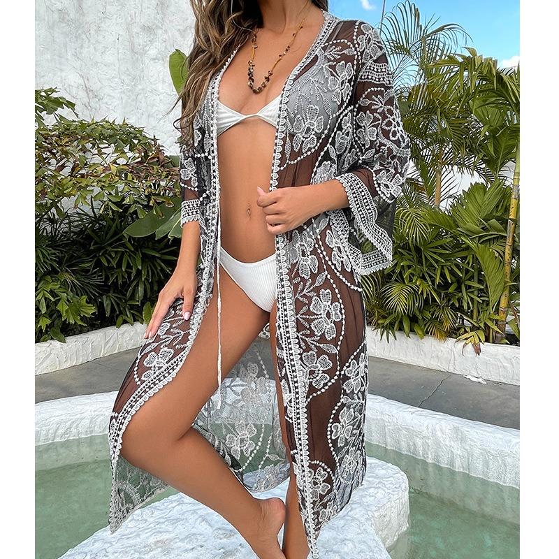 Women's Summer Lace Embroidery Long Cardigan See Through Bikini Outer Beach Cover-ups