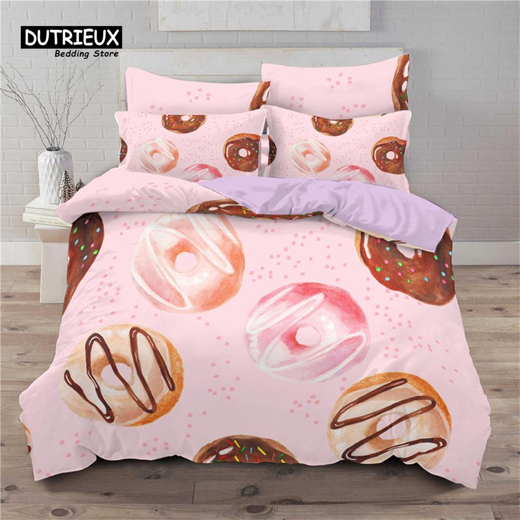 Soft Cute Donuts Duvet Cover Set Dessert Theme Bedding Set For Girls Boys Gifts Microfiber Funny Cartoon Tasty Foods Quilt Cover