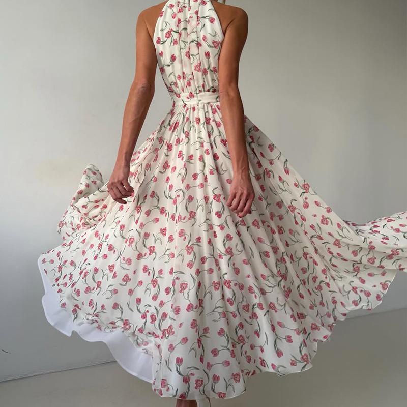 French neck floral dress for women's summer waist and thin sleeveless medium and long temperament A-word long dress, in stock
