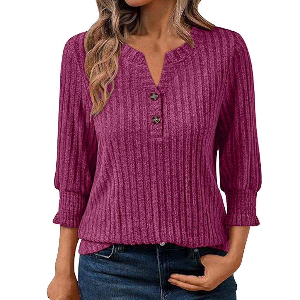 Women's Casual Top Solid Color V-neck Button Up Seven Quarter Sleeve Top