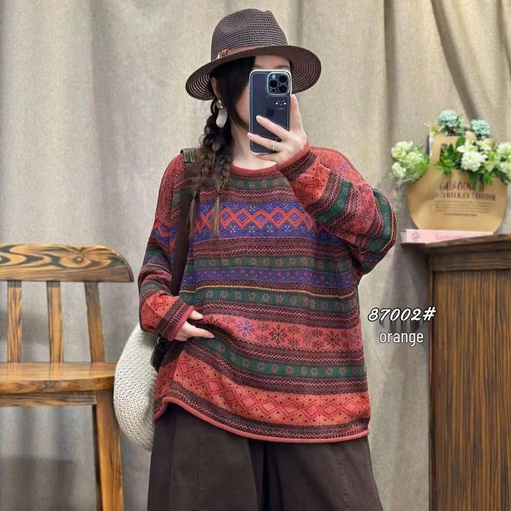2026 Autumn Retro Striped Distressed Knit Sweater - Loose Round Neck Pullover Base Layer
