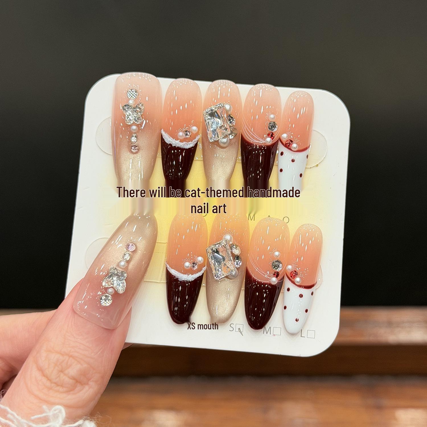 Cat Liqueur Chocolate Crisp Christmas New Year Blush French Glass Bead Diamond Handmade Wearable Nails S - Long Oval