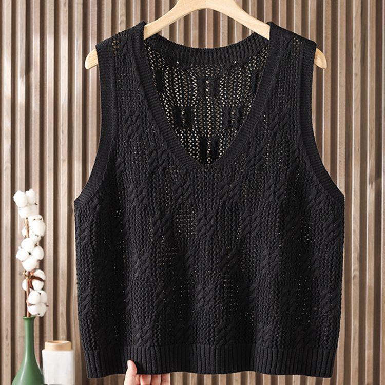 Women's Stylish V-Neck Pullover Hollow-Out Knitted Vest Versatile Sleeveless Sweater Gilet for Spring and Autumn