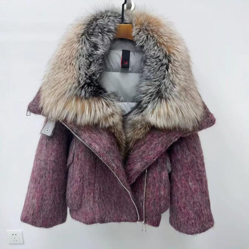 Womens 2026 Winter Goose Down Coat With Real Fox Fur Collar Loose Wool-Blend Puffer Short Jacket