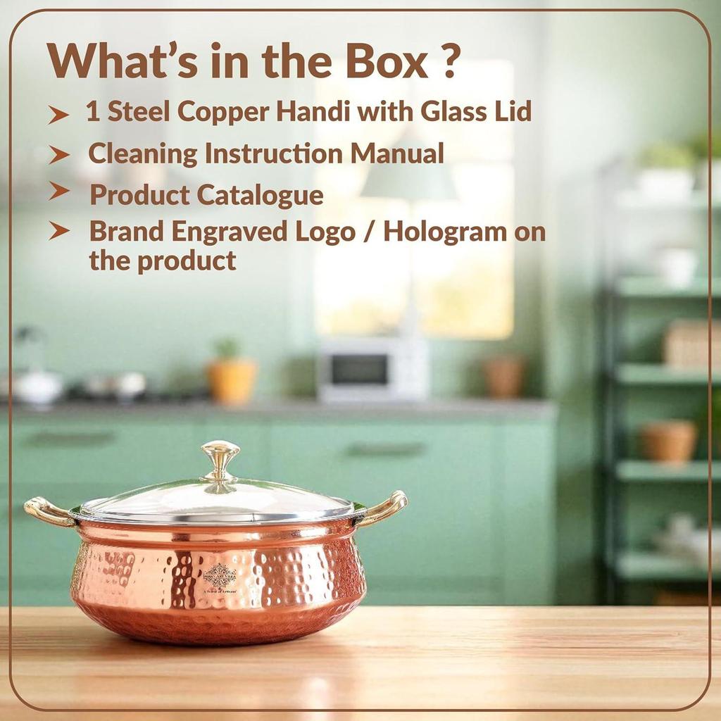 Hammered Steel Copper Casserole Donga Bowl with Glass Lid, Tableware and Serveware (2200 ml)