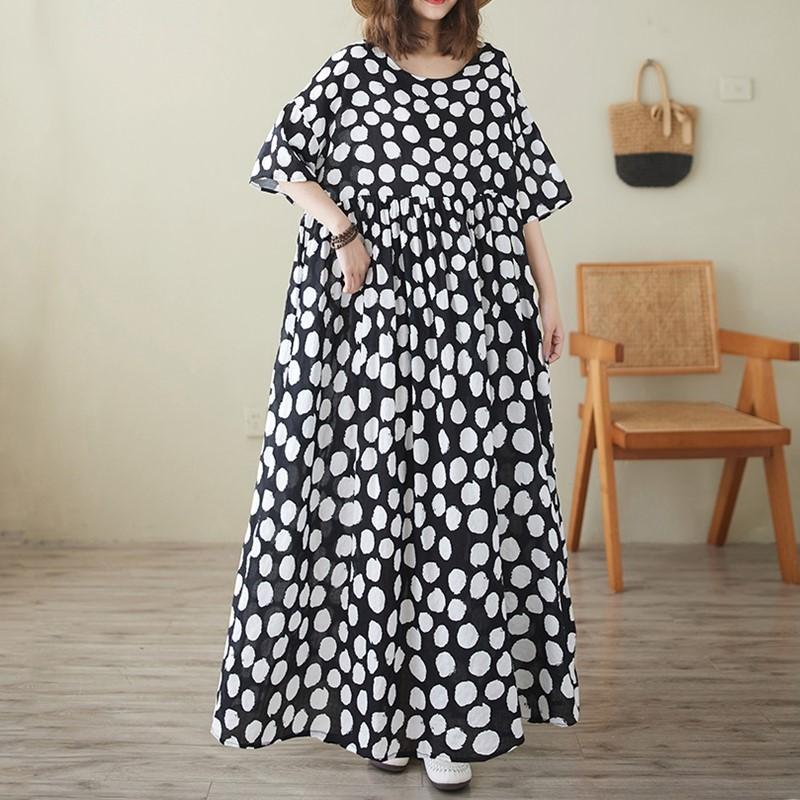 Krátký rukáv Plus size Bavlněné vintage květinové nové šaty pro ženy ležérní volné dlouhé letní šaty