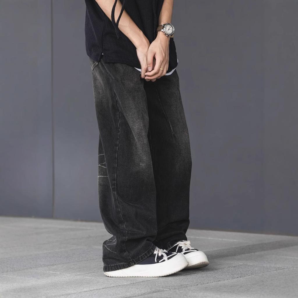 Smoky gray retro jeans men's spring and autumn new loose washed old wide-leg boys straight pants