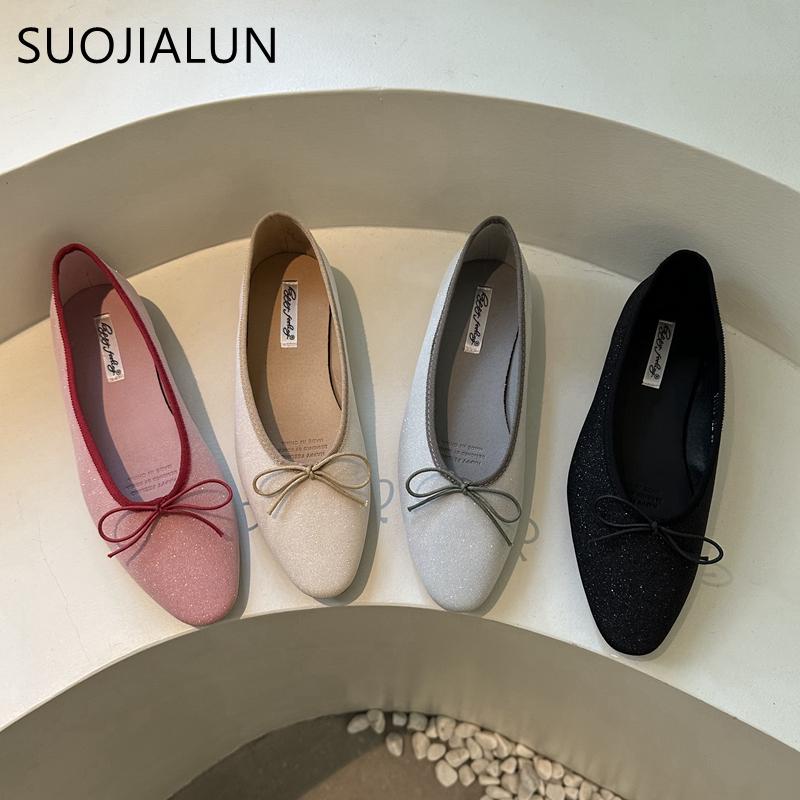 Fashion SUOJIALUN Spring New Brand Women Flat Shoes Fashion Round Toe Shallow Slip On  Ballerinas Shoes Soft Flat Heel Dress Ballet Shoe