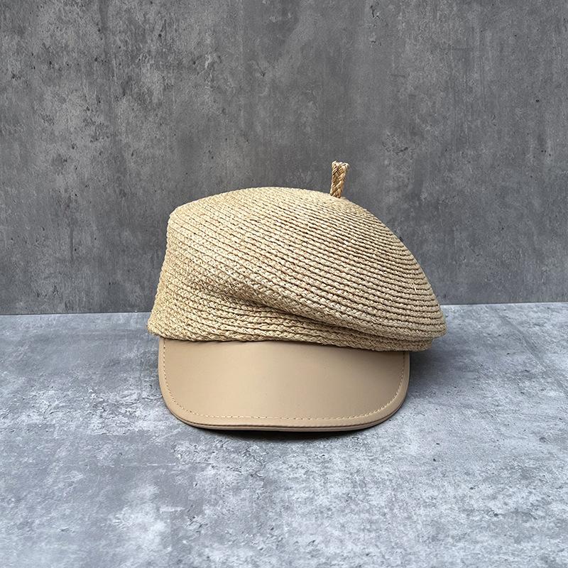 Summer Straw Cap PU Leather Women's Newsboy Cap Beret Hat Sun Cap Visor Travel Beach Hat