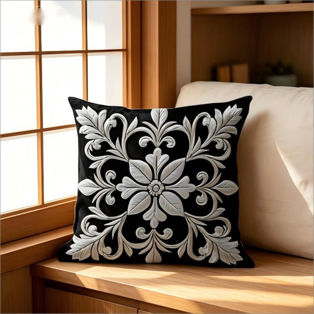 Black Silver Damask Pillow Cover 2D Faux Embroidery Print Vintage Floral Cushion Case For Sofa Bed Couch Elegant