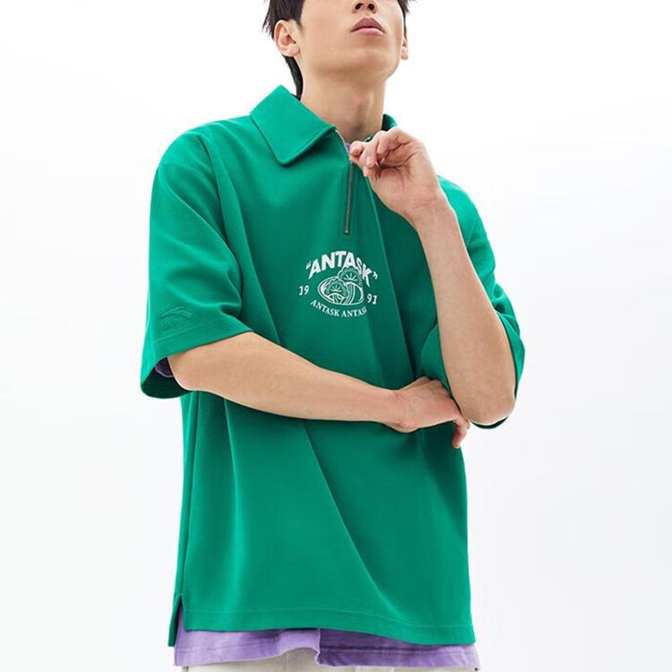 Anta Lifestyle Series Letter And Number Pattern Logo Half Zip Short Sleeve Polo Shirt Unisex Polo Shirts Deep-Green 172328134-2