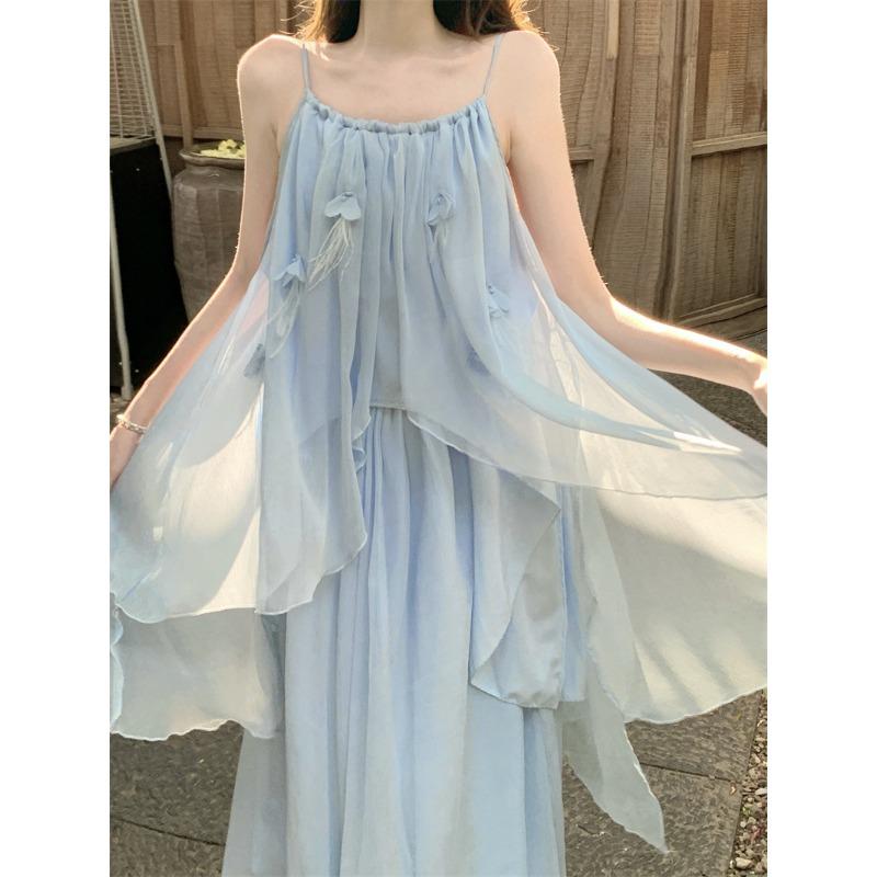

Lake Shimmer Suspender Dress Women s Design Holiday Dress Backless Suit Dress Suitable for Seaside Photography S синий