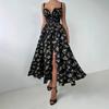 Summer New Floral Print Slip Dress, Low Neck Tie Waist High Slit Casual Party Dress for Women