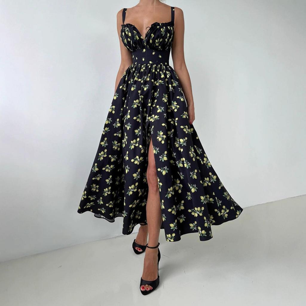 Nuovo Vestito Sottoveste Estivo con Stampa Floreale, Scollo Basso, Vita con Laccio, Spacco Alto, Abito Casual da Festa per Donna