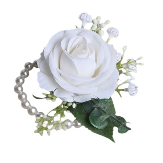 Suit Corsage Wedding Wristlet Band with Faux Pearl Embellished Simulated Roses Bride Groom Romantic Floral Accessories Prom Decoration