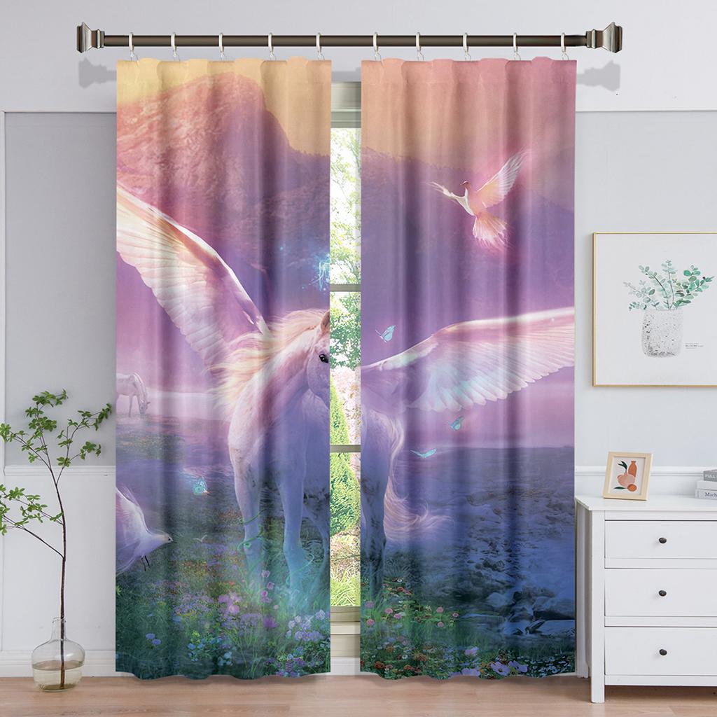 Dreamy Colorful Unicorn Angel Horse Thin Window Curtains for Living Room Bedroom Bathroom Kicthen Door Cupboard Home Hooks 2Pcs