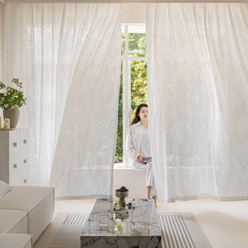 Sheer Embroidered Cotton Blended Curtain With Design For Living Room And Bedroom Decor