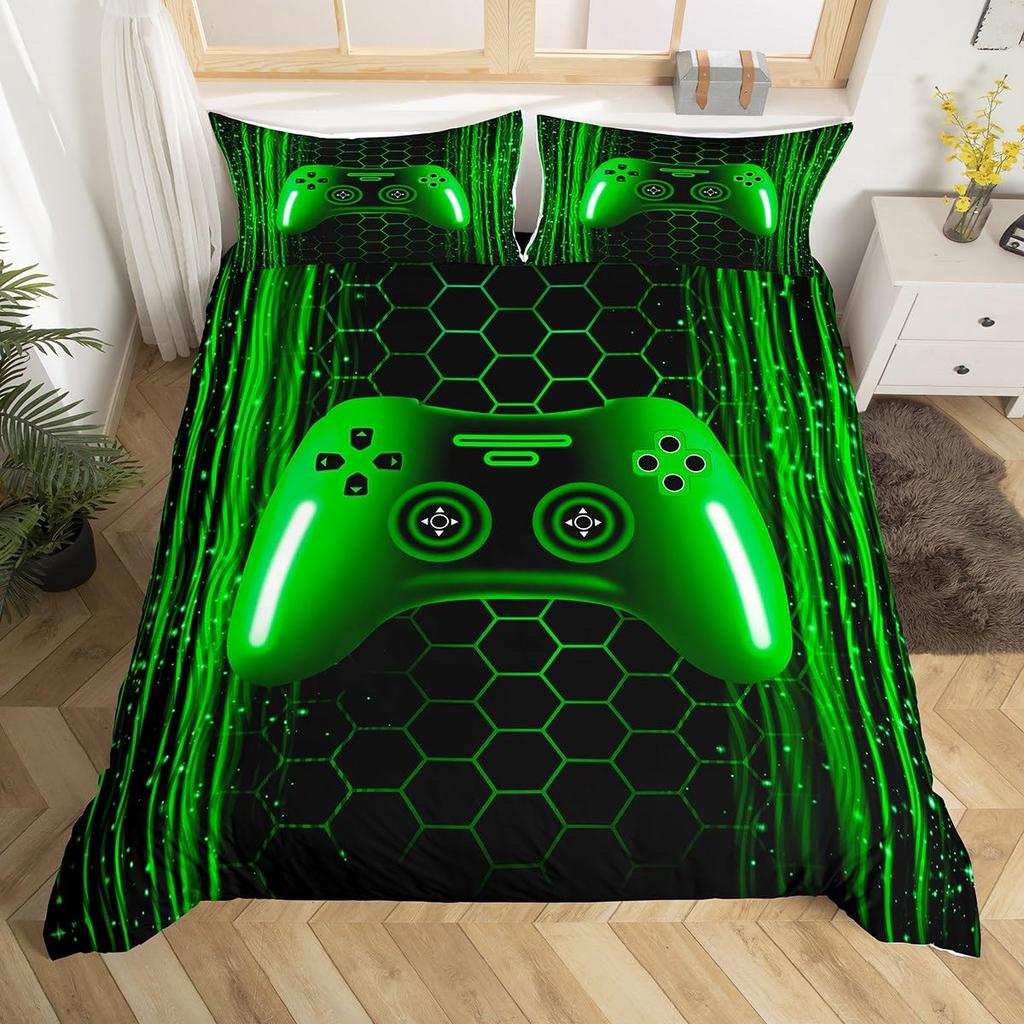 Comforter Gamer Bedding Set Gaming For Kids Teens Men Game Console Bed Set Geometry Stripes Honeycomb Hexagon Comforter