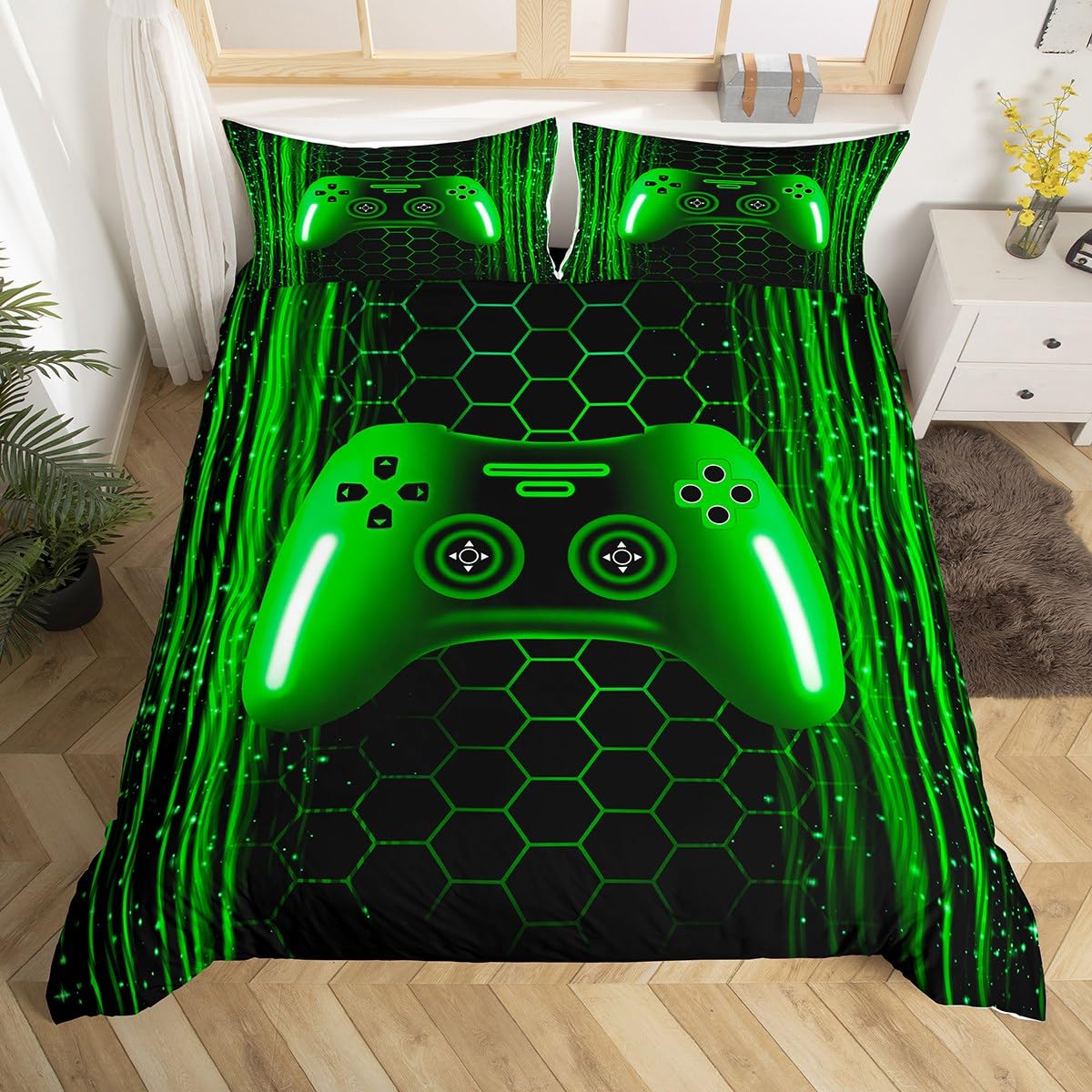 

Gamer Bedding Set Gaming Duvet Cover For Kids Teens Men Game Console Bed Set Geometry Stripes Honeycomb Hexagon Comforter Cover EU Single(135x200cm)