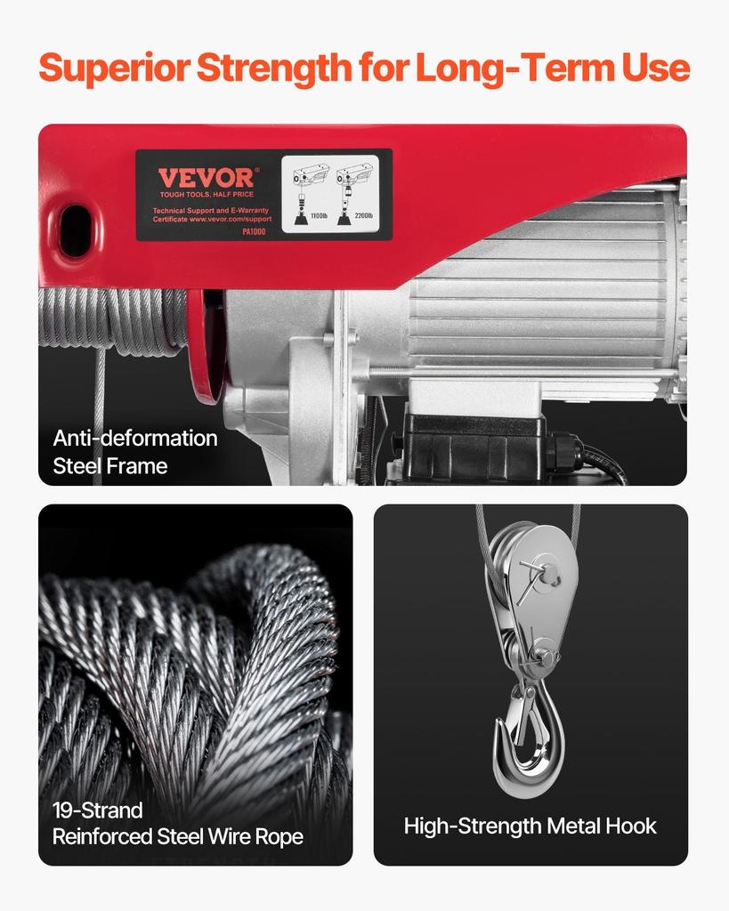 Electric Hoist Crane Winch 2200 lbs 328 ft Wireless & 14 ft Wired Remote