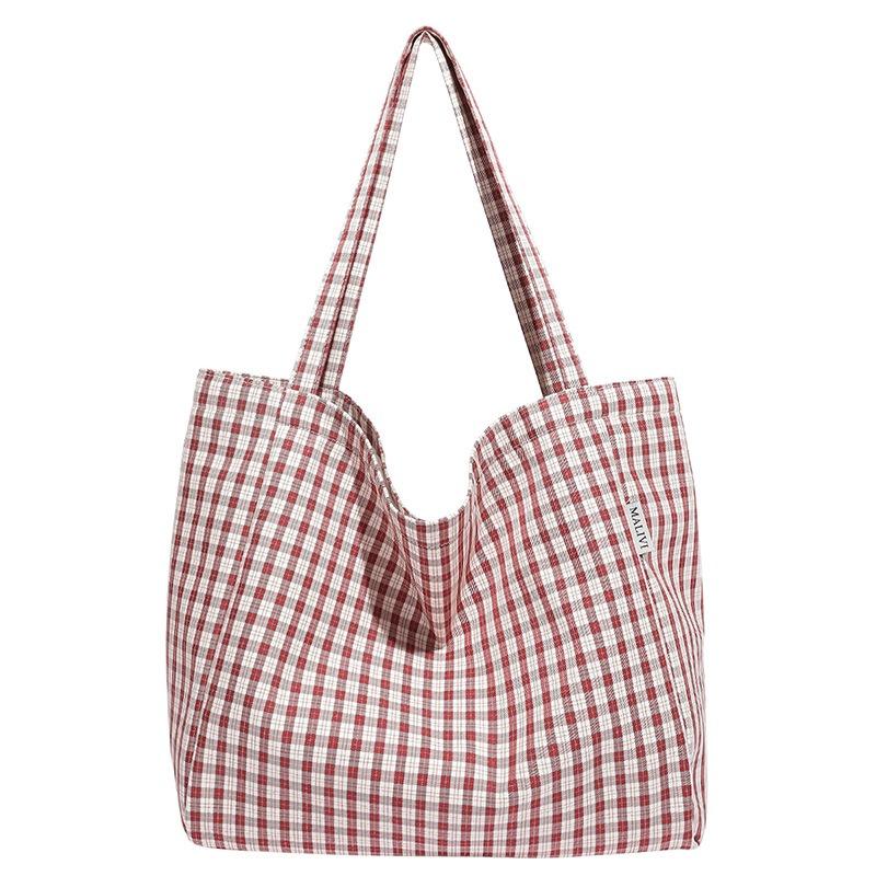 Lässiger literarischer und künstlerischer Stil Karomuster Canvas-Tasche neue große Kapazität vielseitige modische Tragetasche Schultertasche Damen