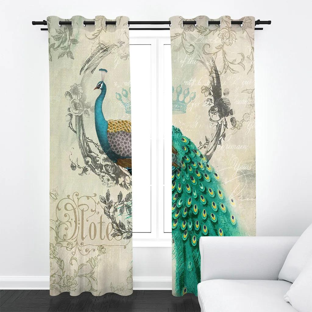Green Peacock Feather Blackout Curtains Beautiful Watercolor Bird Flower Peony Pattern Livingroom Decor Shading Cloth Drape 2Pcs