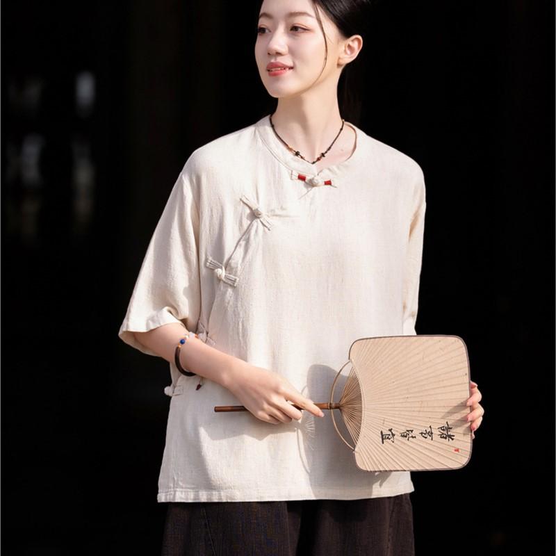 Johnature Women Chinese Style Shirts Solid Color Stand Half Sleeve Tops Summer Vintage Button Women Shirt Blouses