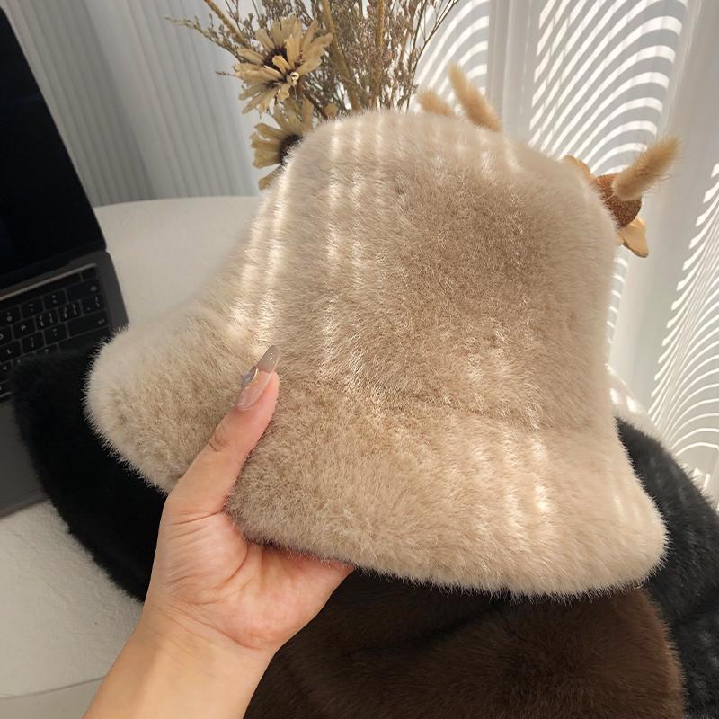 Imitation Mink Mink Hair Bucket Hat Female Autumn and Winter Warm White Plush Bucket Hat Female Winter Washbasin Hat