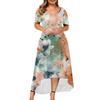 Damenkleid in großer Größe mit kurzen Ärmeln, modischem Druck, Rundhalsausschnitt, trägerlos und unregelmäßigem Saum