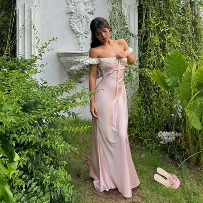 Womens Pink Satin Off Shoulder Midi Dress with Tie Front and Contrast Trim