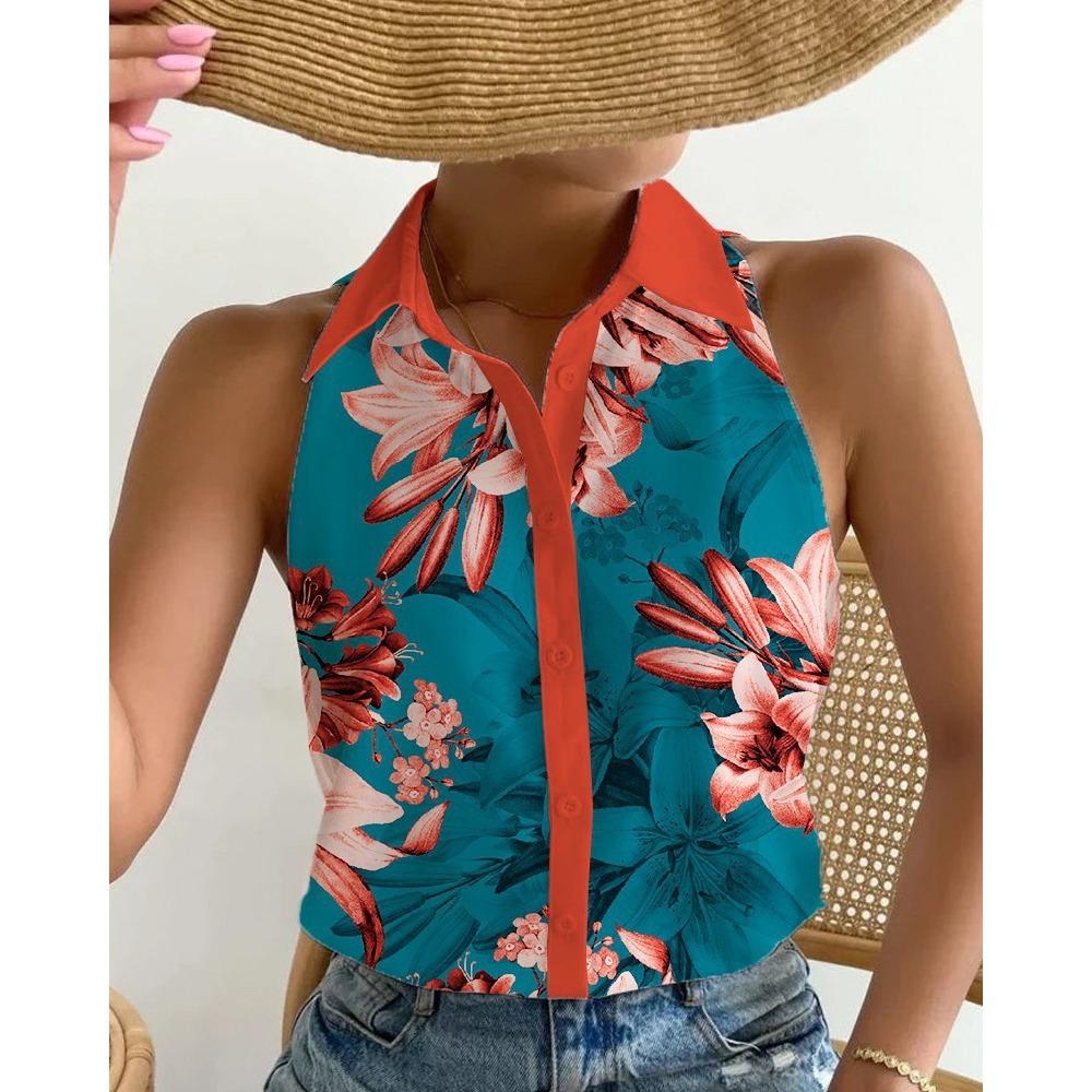 Women's Summer Casual Fashion Strapless Sleeveless Abstract Print Shirt