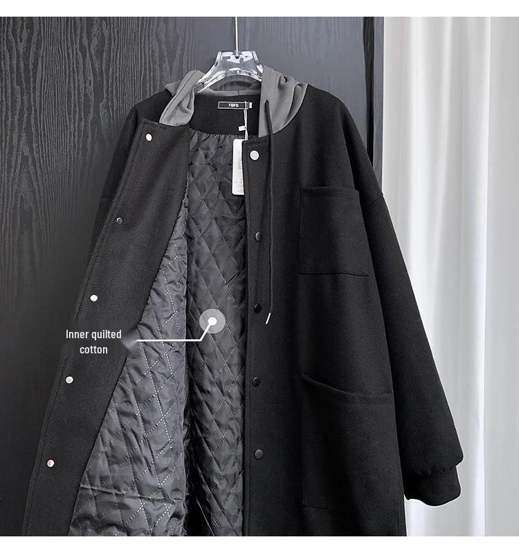 Herren Koreanischer Stil Schwarzer Wolliger Mittellanger Gefütterter Kapuzenmantel - Winter Verdickt, Lockere Passform