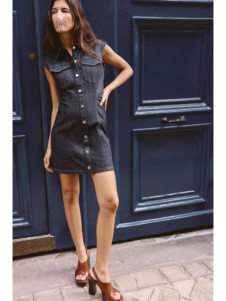 Spring 2025 European & American Style Women's Slim Denim Pleated Sleeveless Mini Dress