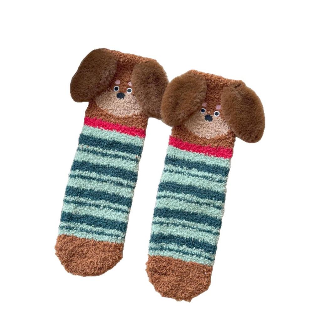 Women's Non-Shedding Coral Fleece Sleep Socks - Cute Cartoon Puppy Design with Big Ears, Warm Mid-Calf Socks for Autumn and Winter.