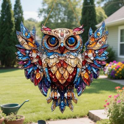 2Pcs Owl Pendant, Waterproof Acrylic Indoor Outdoor Decoration, 2D Printing Stained Glass Style Colorful Light Effect Owl Ornament with Lanyard